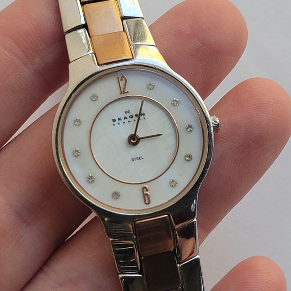 Skagen Womens Watch White Dial Silver Case Two Tone Stainless Bracelet Quartz
